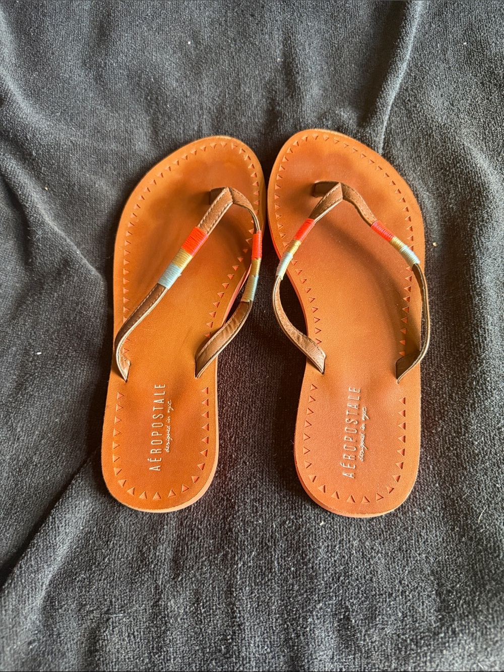 Aeropostale Brown Leather-Look Flip Flop Sandals with Multicolor Straps